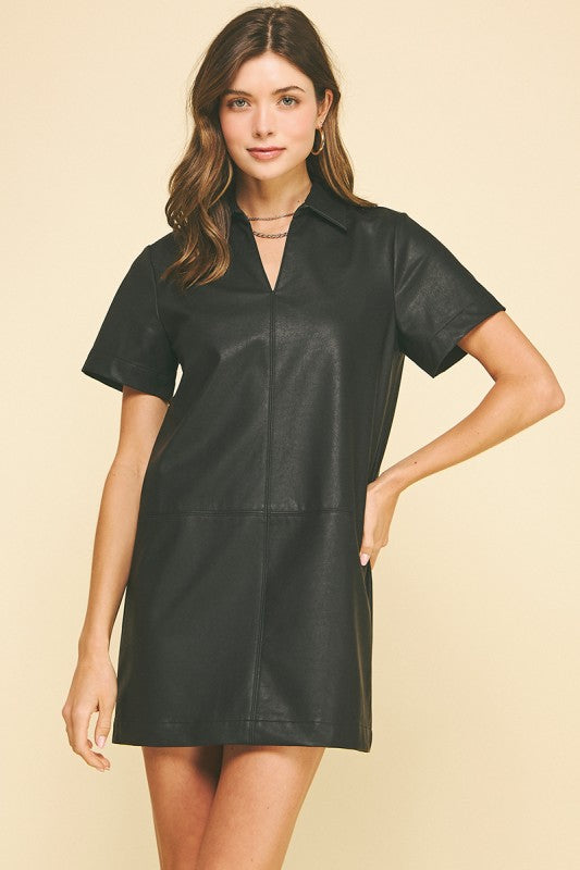 FAUX LEATHER SHORT SLEEVE DRESS--BLACK