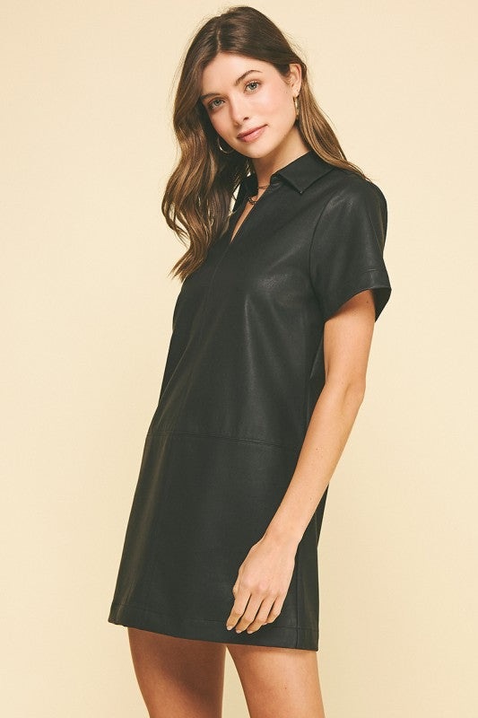 FAUX LEATHER SHORT SLEEVE DRESS--BLACK