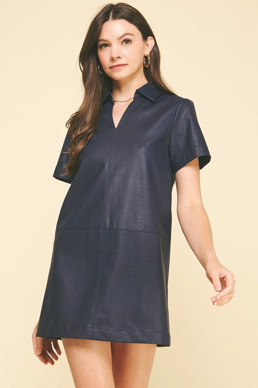FAUX LEATHER SHORT SLEEVE TUNIC DRESS--NAVY