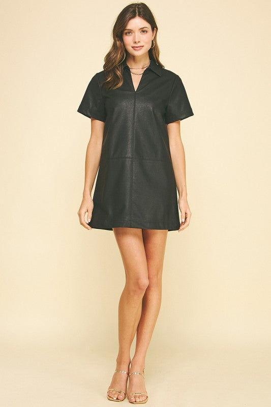 FAUX LEATHER SHORT SLEEVE DRESS--BLACK