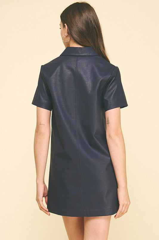 FAUX LEATHER SHORT SLEEVE TUNIC DRESS--NAVY