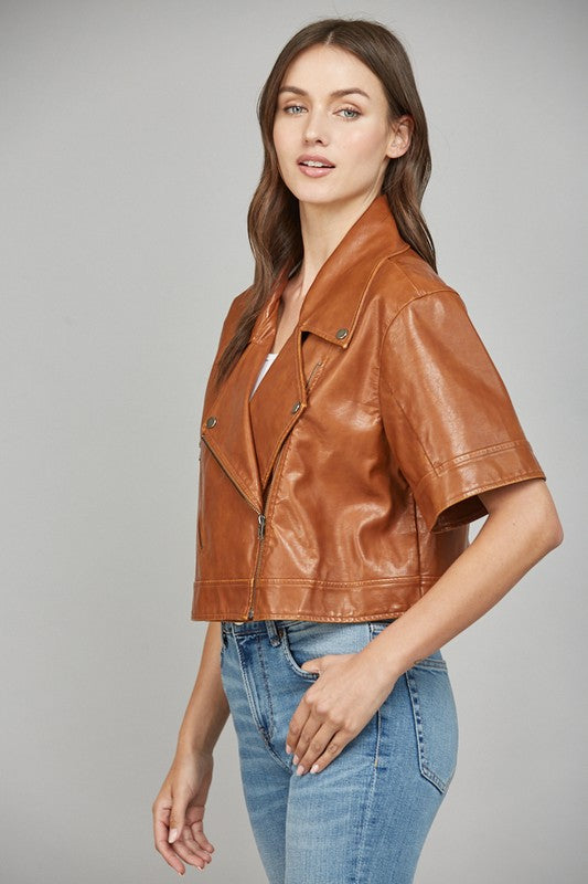 SHORT SLEEVE FAUX LEATHER JACKET--COGNAC