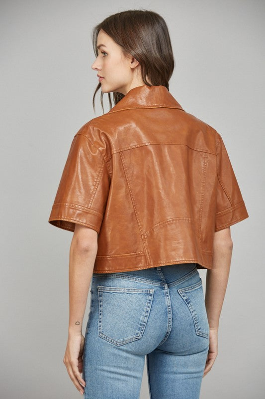SHORT SLEEVE FAUX LEATHER JACKET--COGNAC
