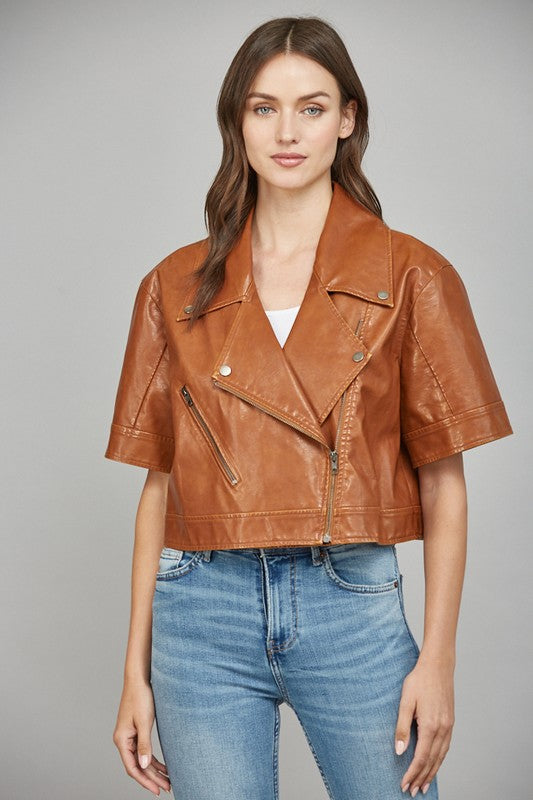SHORT SLEEVE FAUX LEATHER JACKET--COGNAC