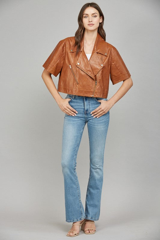 SHORT SLEEVE FAUX LEATHER JACKET--COGNAC