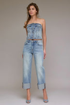 HIDDEN HIGH RISE CUFFED WIDE STRAIGHT LEG--VINTAGE WASH