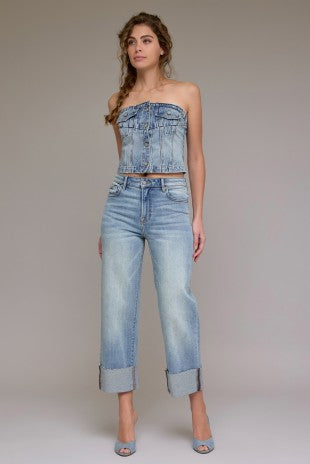 HIDDEN HIGH RISE CUFFED WIDE STRAIGHT LEG--VINTAGE WASH