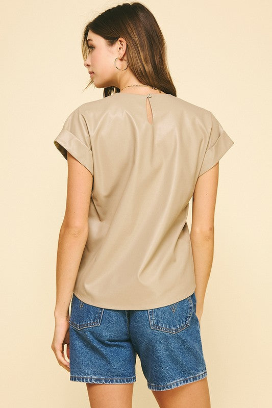 FAUX LEATHER CAP SLEEVE TOP--TAUPE