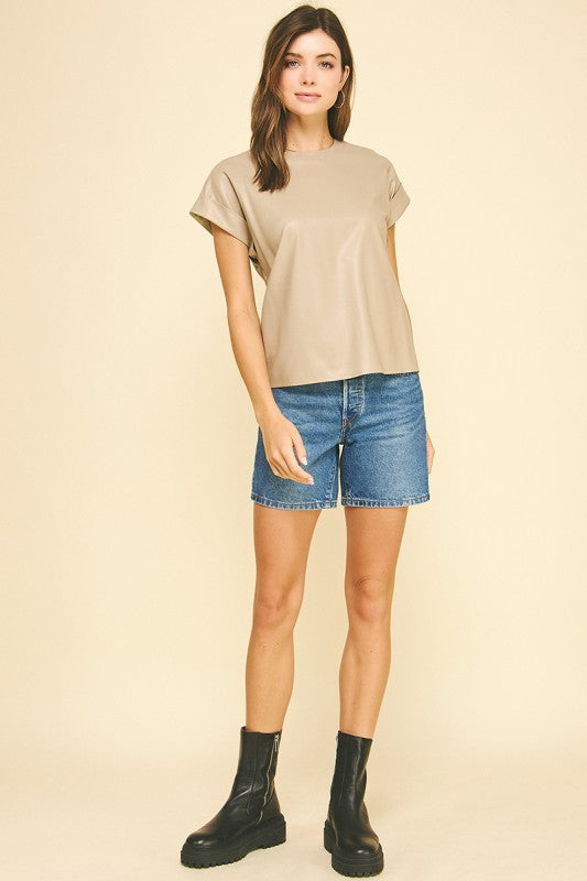 FAUX LEATHER CAP SLEEVE TOP--TAUPE