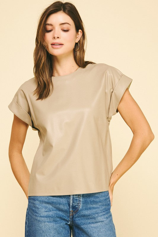 FAUX LEATHER CAP SLEEVE TOP--TAUPE