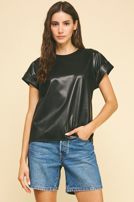 FAUX LEATHER CAP SLEEVE TOP--BLACK