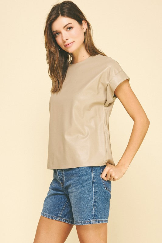 FAUX LEATHER CAP SLEEVE TOP--TAUPE
