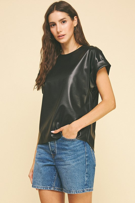 FAUX LEATHER CAP SLEEVE TOP--BLACK