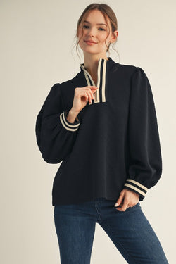 LONG PUFF SLEEVE FRONT ZIP TOP--BLACK