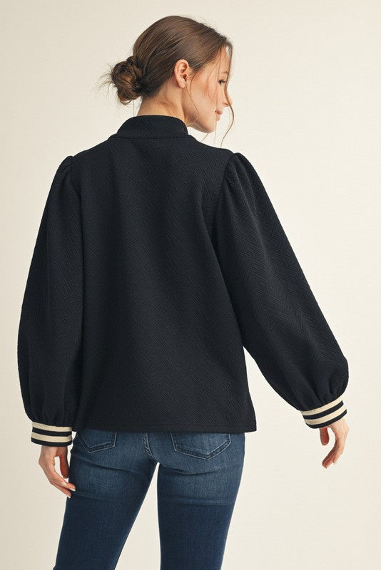 LONG PUFF SLEEVE FRONT ZIP TOP--BLACK