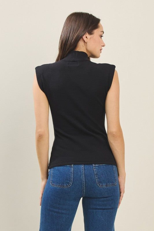 FITTED MOCK NECK SLEEVELESS SWEATER TOP--BLACK
