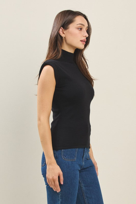 FITTED MOCK NECK SLEEVELESS SWEATER TOP--BLACK