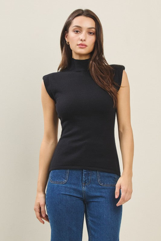 FITTED MOCK NECK SLEEVELESS SWEATER TOP--BLACK