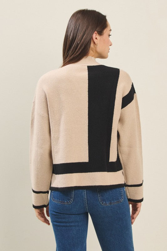 COLORBLOCK MOCK NECK SWEATER--TAUPE/BLACK