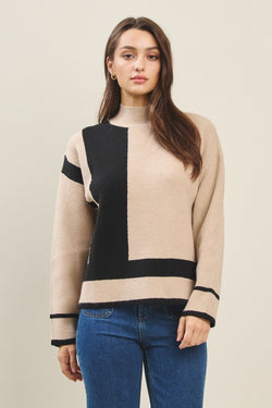 COLORBLOCK MOCK NECK SWEATER--TAUPE/BLACK