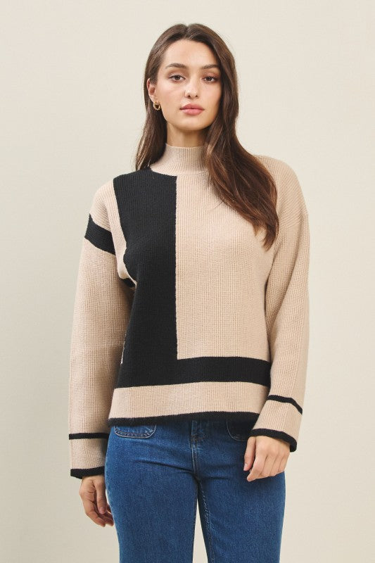 COLORBLOCK MOCK NECK SWEATER--TAUPE/BLACK