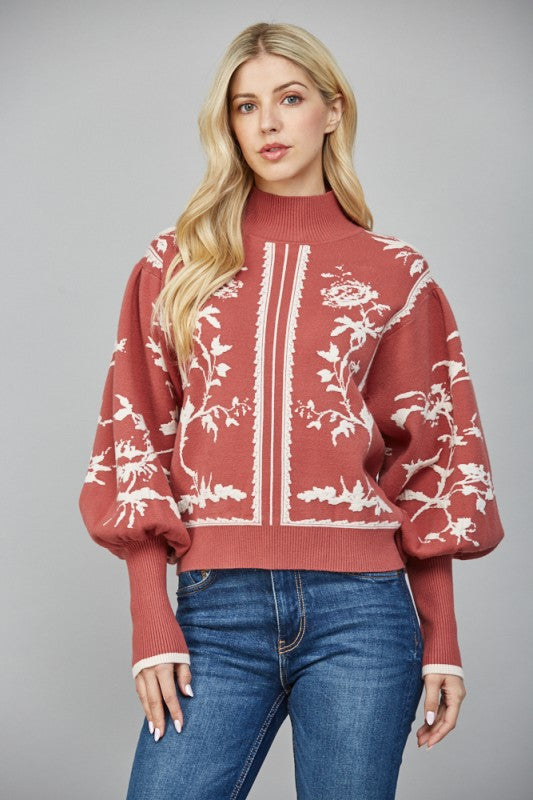 BALLOON SLEEVE MOCK NECK SWEATER--RED BEAN