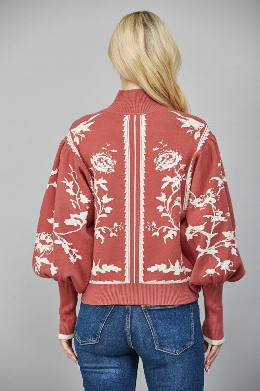 BALLOON SLEEVE MOCK NECK SWEATER--RED BEAN