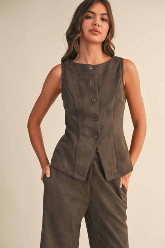 BUTTON DOWN SUEDE VEST--DK. OLIVE