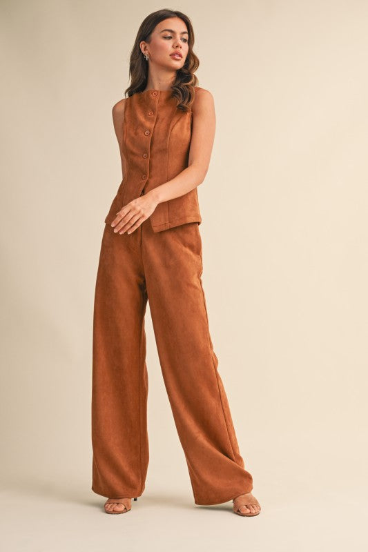 BUTTON DOWN SUEDE VEST--CAMEL