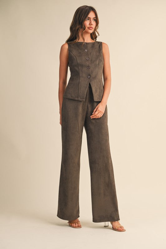 STRAIGHT SUEDE PANTS--DK. OLIVE