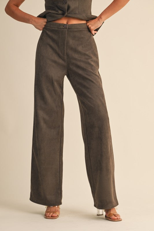 STRAIGHT SUEDE PANTS--DK. OLIVE