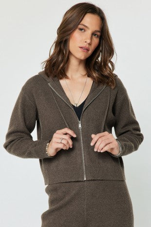 ZIP UP KNIT HOODED SWEATER--BROWN
