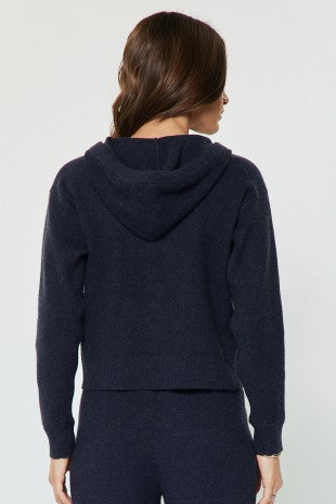 ZIP UP KNIT HOODED SWEATER--NAVY