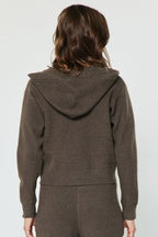 ZIP UP KNIT HOODED SWEATER--BROWN
