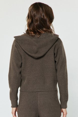 ZIP UP KNIT HOODED SWEATER--BROWN