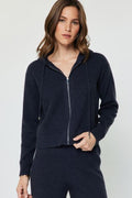 ZIP UP KNIT HOODED SWEATER--NAVY