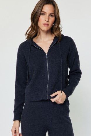 ZIP UP KNIT HOODED SWEATER--NAVY
