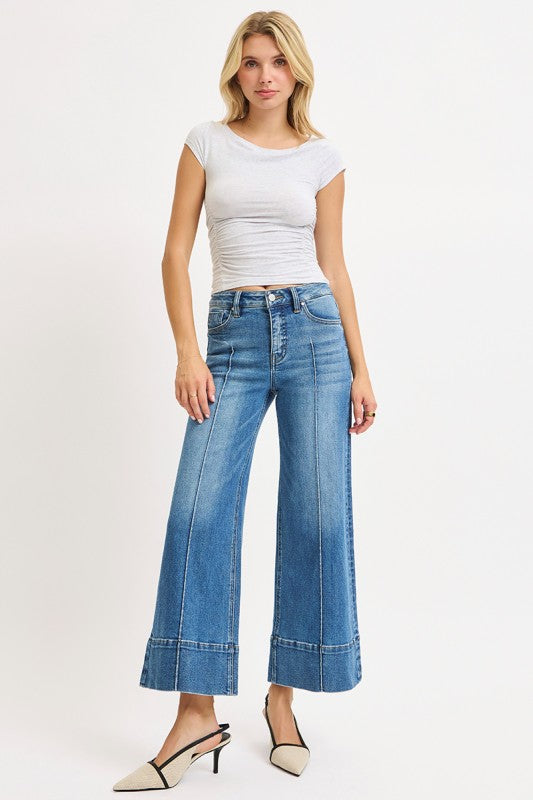 RISEN TUMMY CONTROL PINTUCK MID RISE CROP WIDE LEG--MEDIUM