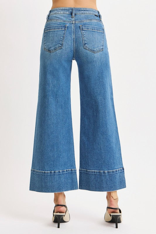 RISEN TUMMY CONTROL PINTUCK MID RISE CROP WIDE LEG--MEDIUM