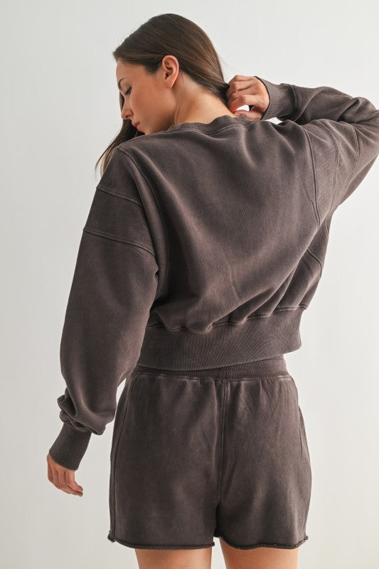 LUXE MINERAL WASH PULLOVER--ESPRESSO