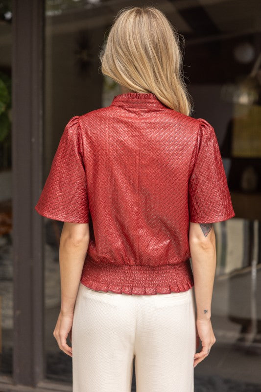 TEXTURED SMOCKED HEMLINE TOP--BURGUNDY