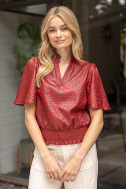TEXTURED SMOCKED HEMLINE TOP--BURGUNDY