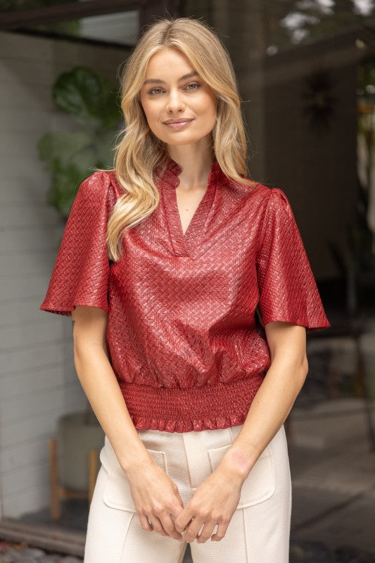 TEXTURED SMOCKED HEMLINE TOP--BURGUNDY