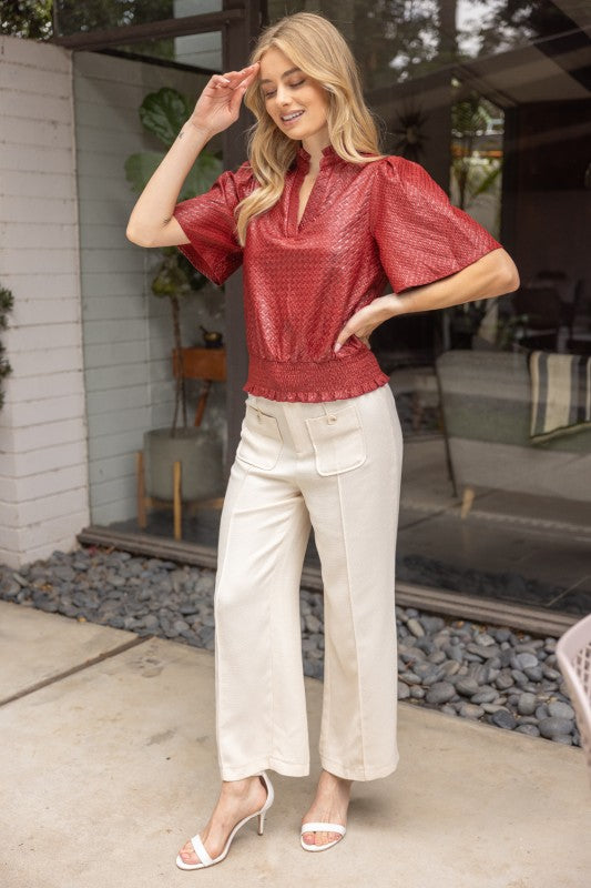 TEXTURED SMOCKED HEMLINE TOP--BURGUNDY