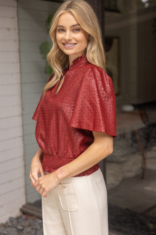 TEXTURED SMOCKED HEMLINE TOP--BURGUNDY