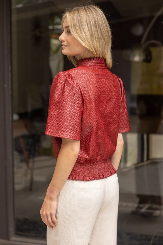 TEXTURED SMOCKED HEMLINE TOP--BURGUNDY