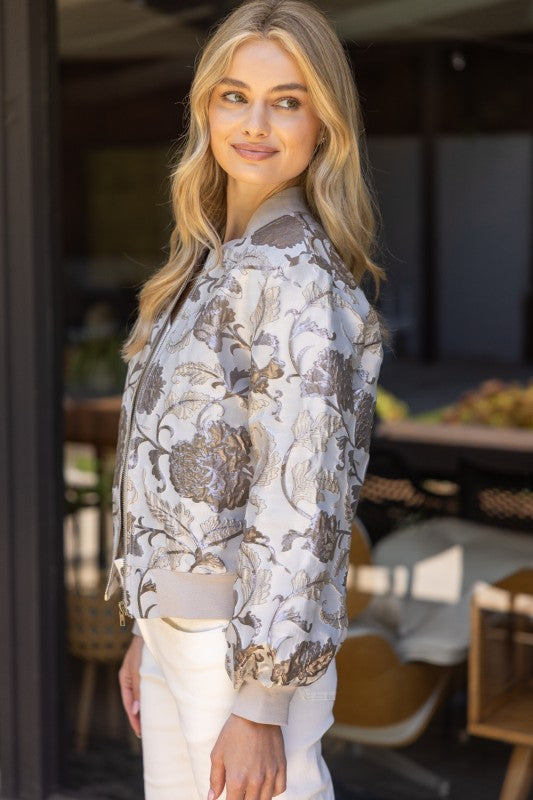 PUFF SLEEVE FLORAL METALLIC BOMBER JACKET--SILVER MIX