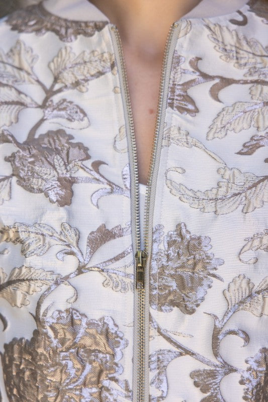 PUFF SLEEVE FLORAL METALLIC BOMBER JACKET--SILVER MIX