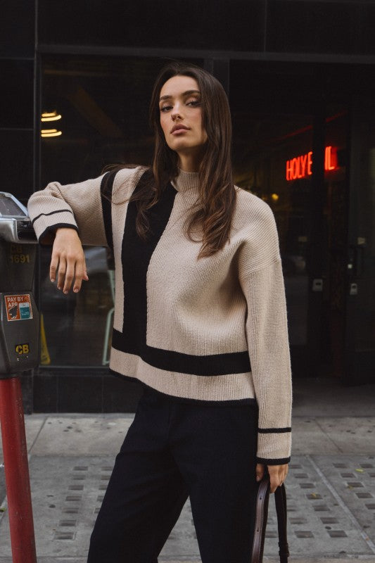 COLORBLOCK MOCK NECK SWEATER--TAUPE/BLACK