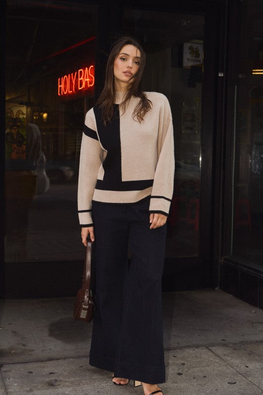 COLORBLOCK MOCK NECK SWEATER--TAUPE/BLACK